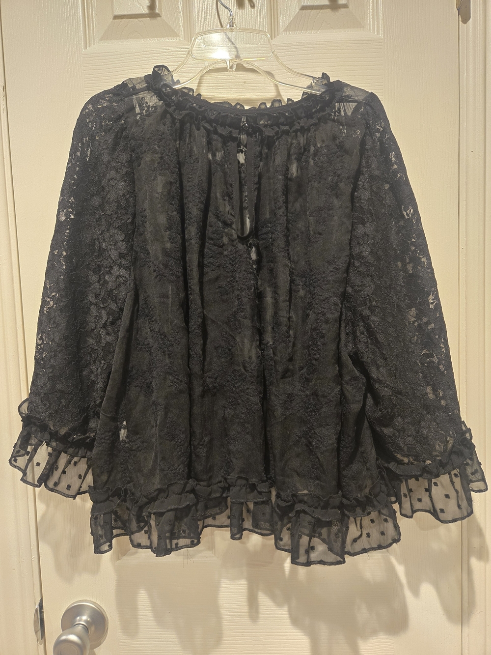 Whimsigoth Black Lace Sheer Blouse Ruffled Collar and Hem 3/4 Sleeve Witchy Fair